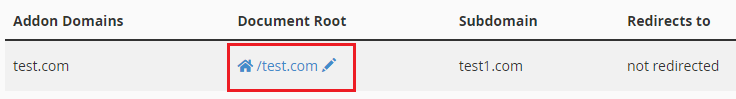 addon domains and a column labeled "Document Root"