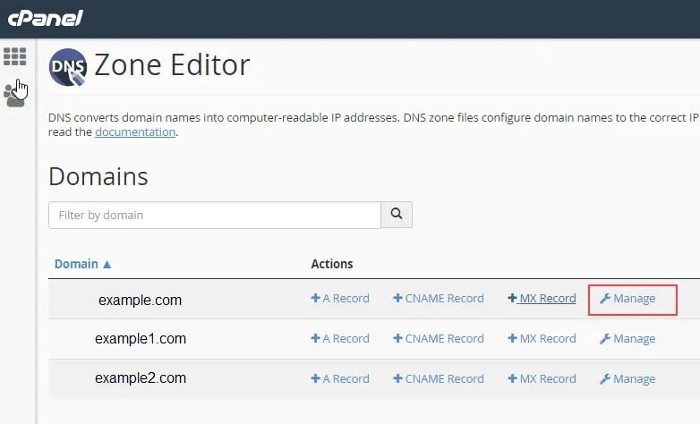 Zone Editor, click Manage next to your domain