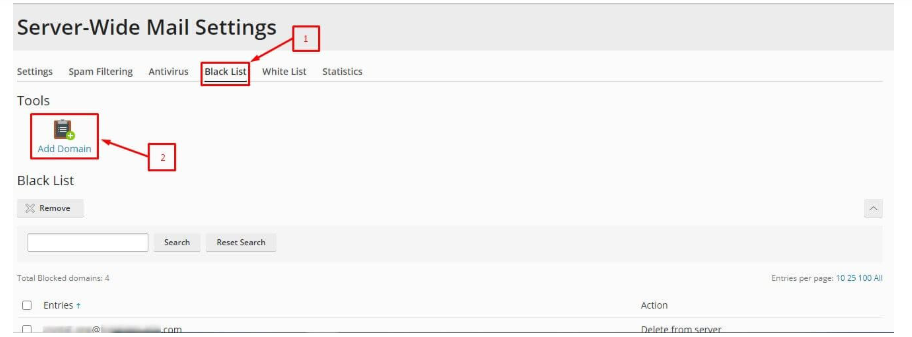 Blacklist tab and click on Tools > Add Domain