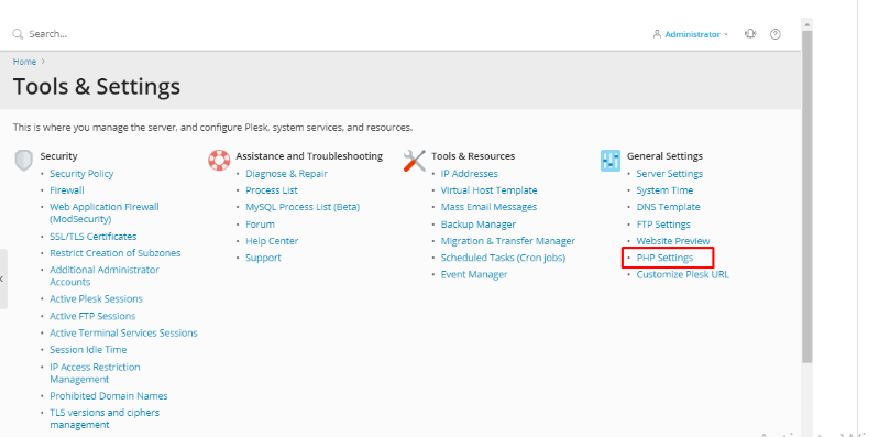 General Settings section and click on PHP settings