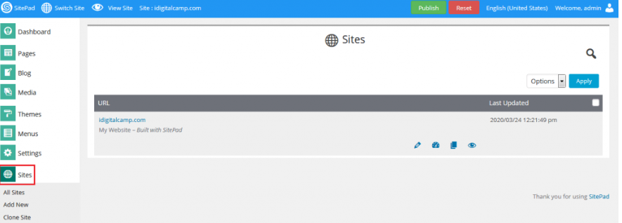 Select Website to Clone from SitePad Dashboard
