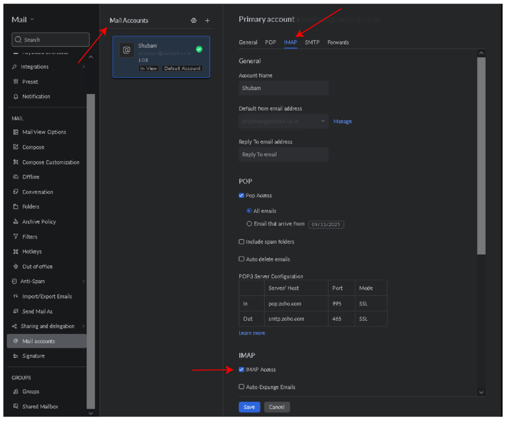 Process to Enable the IMAP Access from the Zoho Panel