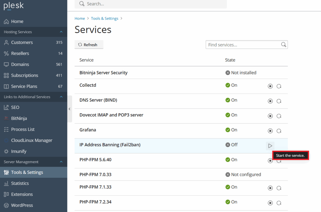How to Start a Service in Plesk?