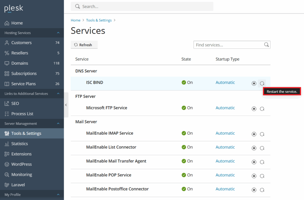 How to Restart a Service in Plesk?
