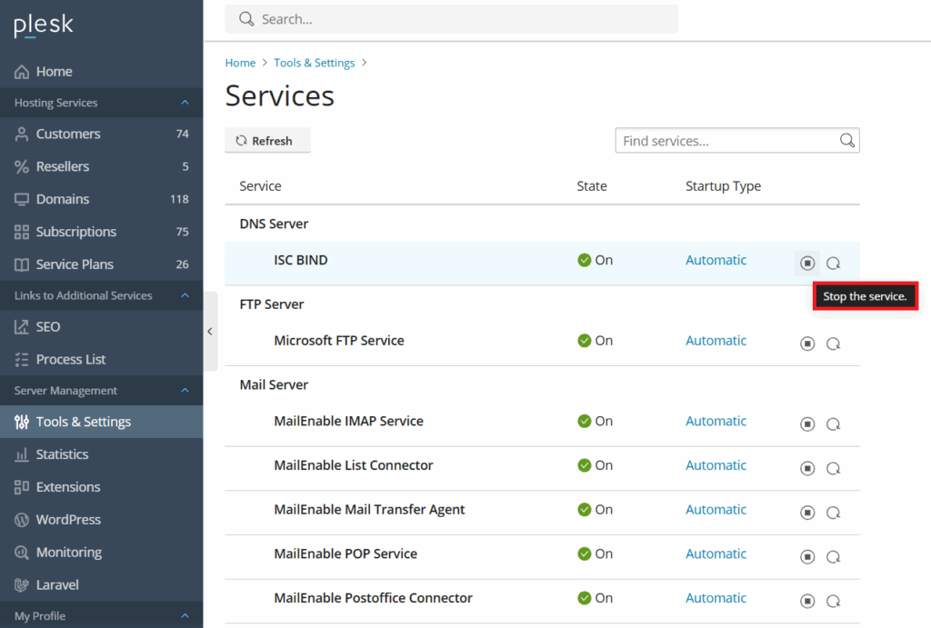 How to Stop a Service in Plesk?