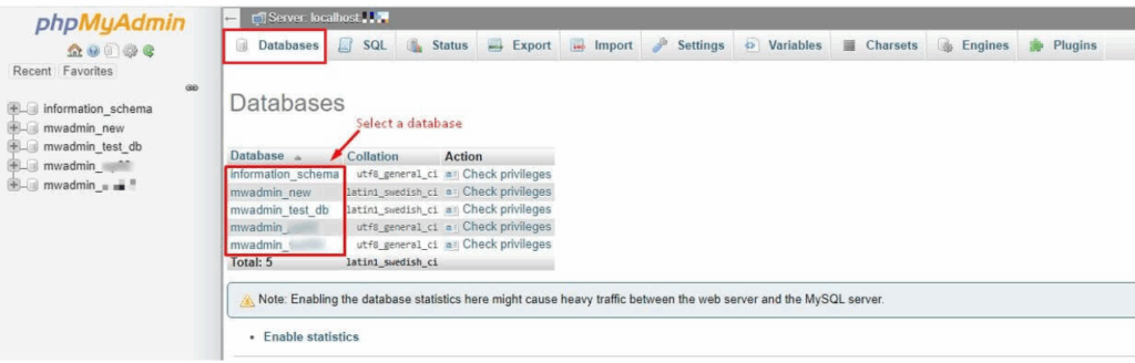 database from the Databases tab