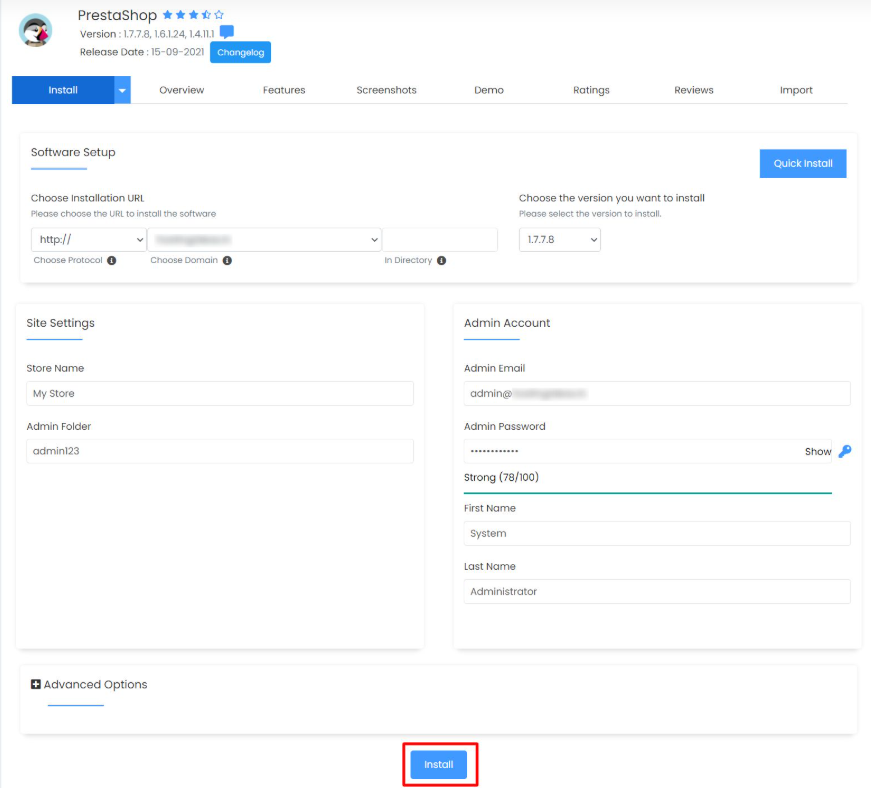 Directory field otherwise PrestaShop