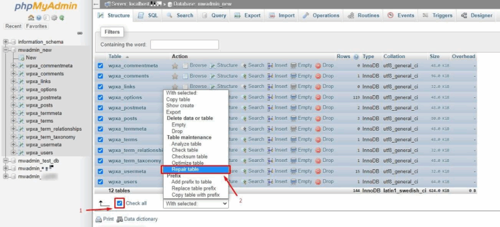 Repair table from the list
