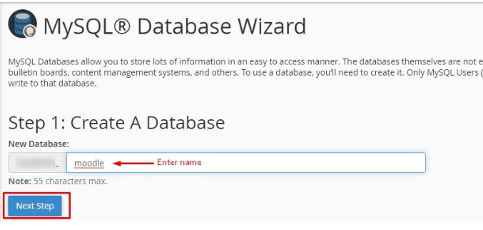 Enter a name of the Moodle database