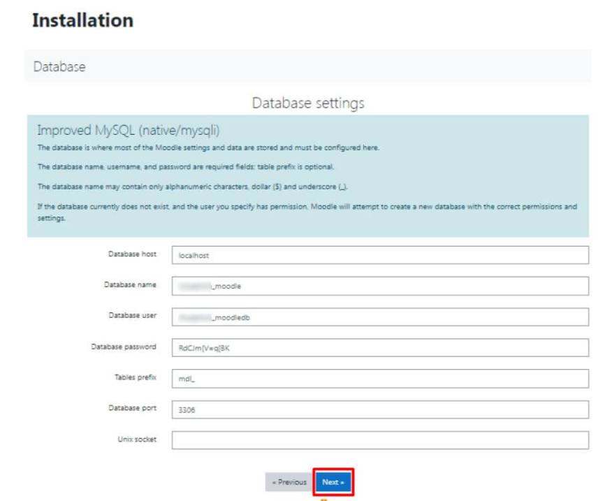Database settings and press Next