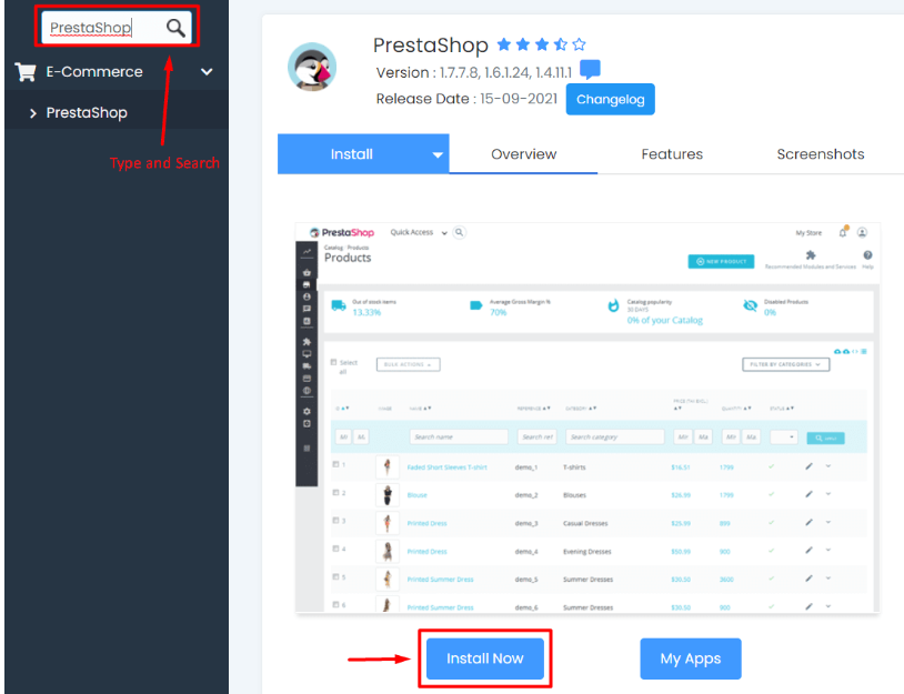 type and search PrestaShop