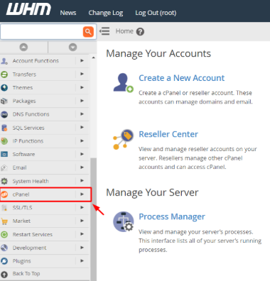 Select the cPanel option