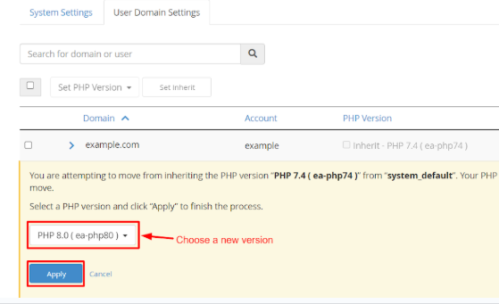 Choose the necessary PHP version