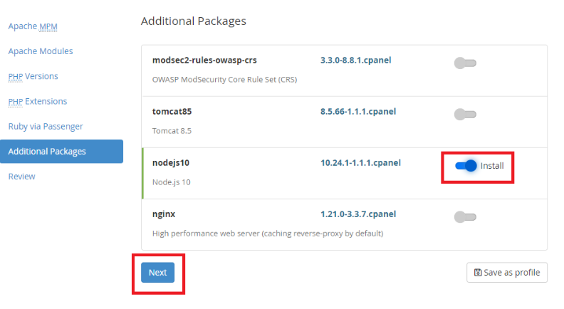 Node.js10 package and proceed to next