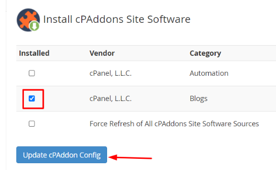 Select the box next to the cPAddons software