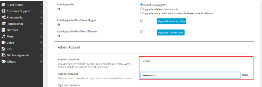 new password in the Admin Password field