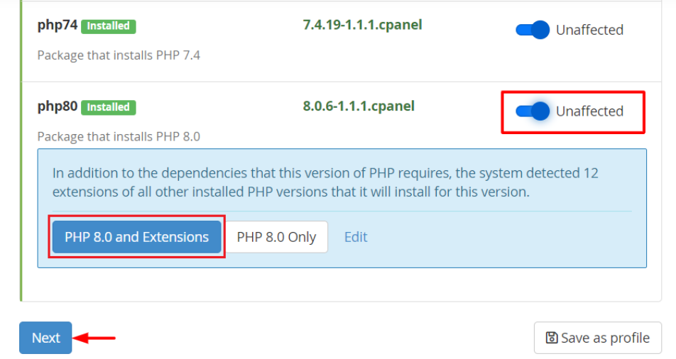 select the version of PHP you would like to install