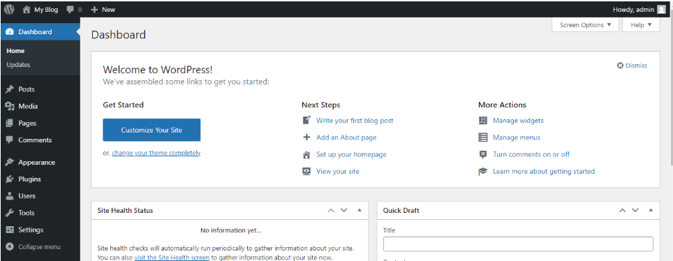 the WordPress application was selected
