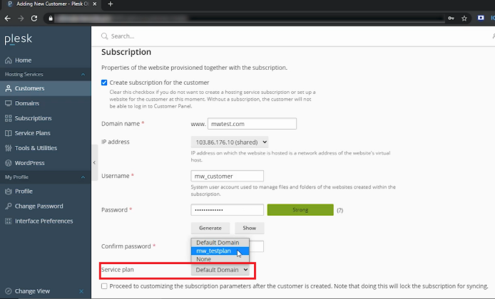 select the Service plan