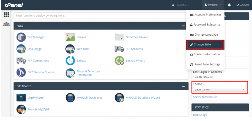 cPanel >> Preferences >> Change Style.