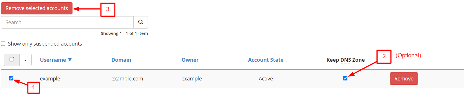 Remove selected accounts
